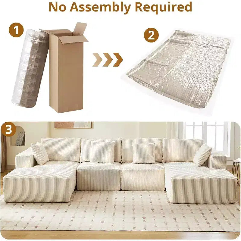 Acekool 137 Canapé d'angle en velours côtelé en forme de U, sans assemblage, avec méridienne convertible et assise profonde pour salons (Blanc)