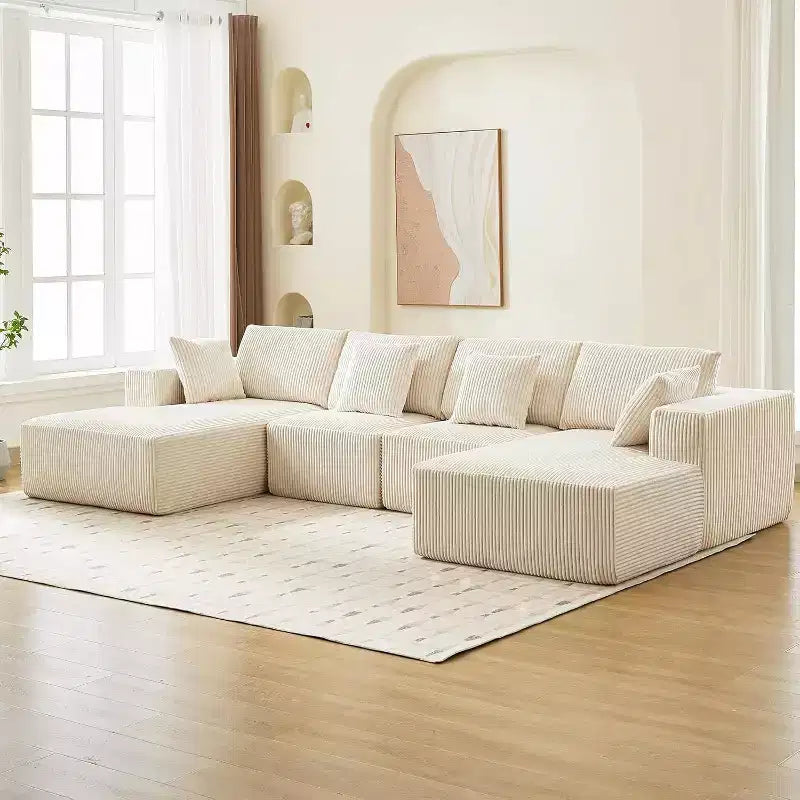 Acekool 137 Canapé d'angle en velours côtelé en forme de U, sans assemblage, avec méridienne convertible et assise profonde pour salons (Blanc)