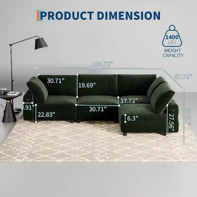 Canapé d'angle en velours Acekool, vert | 4 places avec chargement USB et 6 oreillers | Canapé modulable Cloud pour espaces de vie