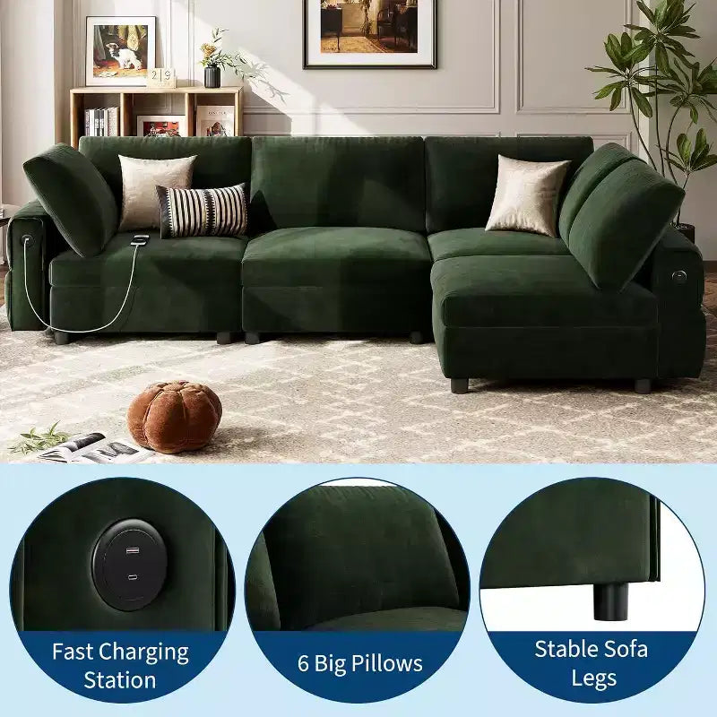 Canapé d'angle en velours Acekool, vert | 4 places avec chargement USB et 6 oreillers | Canapé modulable Cloud pour espaces de vie