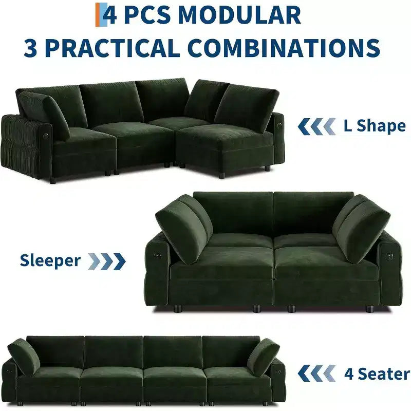 Canapé d'angle en velours Acekool, vert | 4 places avec chargement USB et 6 oreillers | Canapé modulable Cloud pour espaces de vie