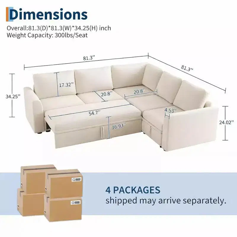 Canapé d'angle convertible Acekool en U avec lit gigogne, canapé modulaire, sièges de rangement et pouf, convertible pour salon