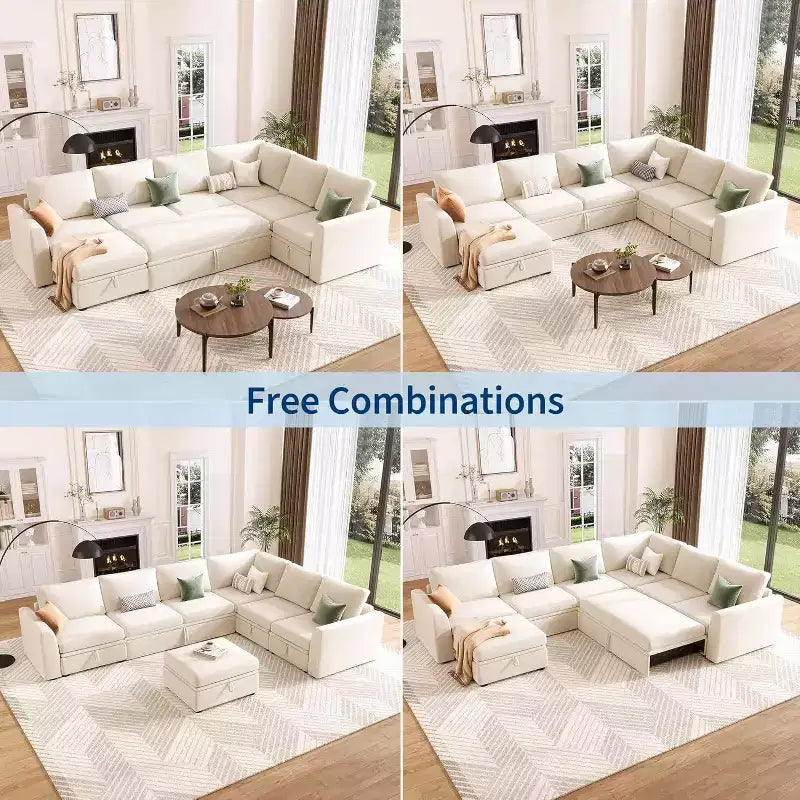Canapé d'angle convertible Acekool en U avec lit gigogne, canapé modulaire, sièges de rangement et pouf, convertible pour salon