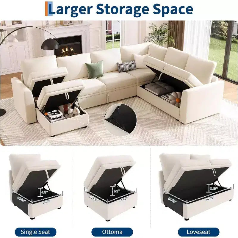 Canapé d'angle convertible Acekool en U avec lit gigogne, canapé modulaire, sièges de rangement et pouf, convertible pour salon