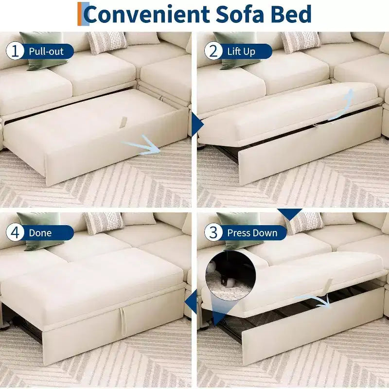 Canapé d'angle convertible Acekool en U avec lit gigogne, canapé modulaire, sièges de rangement et pouf, convertible pour salon