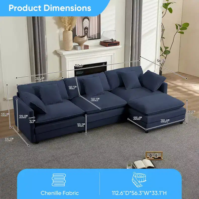 Canapé d'angle modulable en forme de L de 113 po Mjkone, canapé nuage moderne en chenille 4 places avec pouf et coussin épaissi