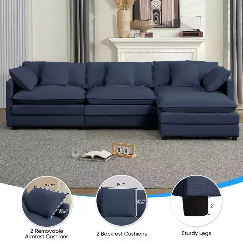 Canapé d'angle modulable en forme de L de 113 po Mjkone, canapé nuage moderne en chenille 4 places avec pouf et coussin épaissi