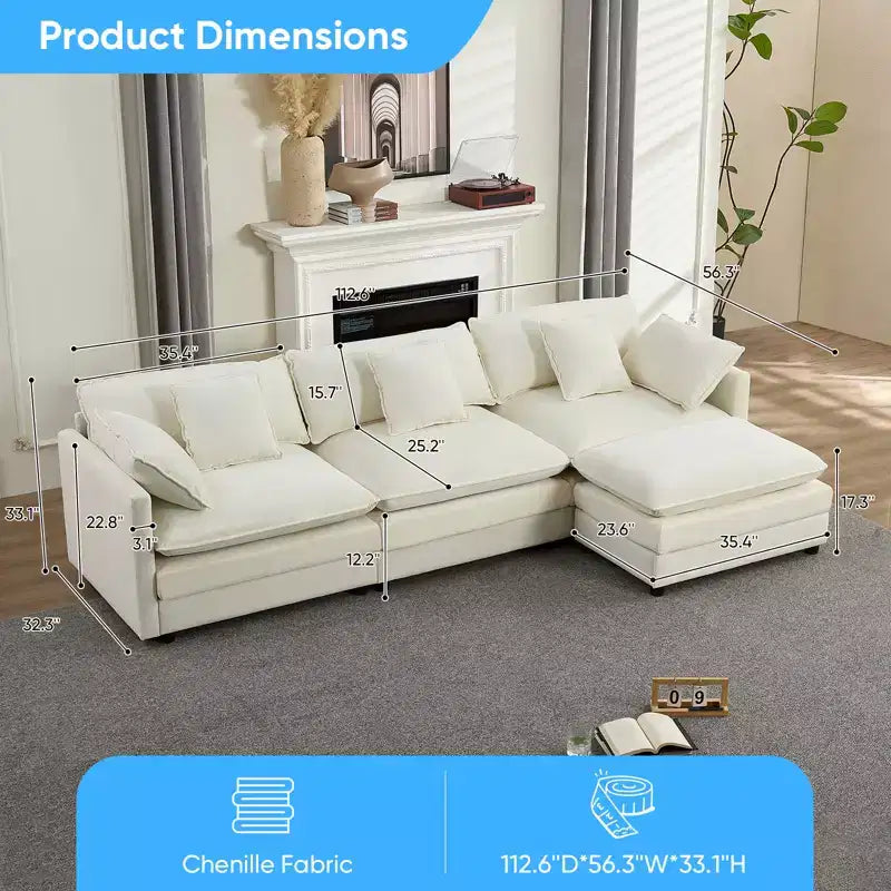 Canapé d'angle modulable en forme de L de 113 po Mjkone, canapé nuage moderne en chenille 4 places avec pouf et coussin épaissi