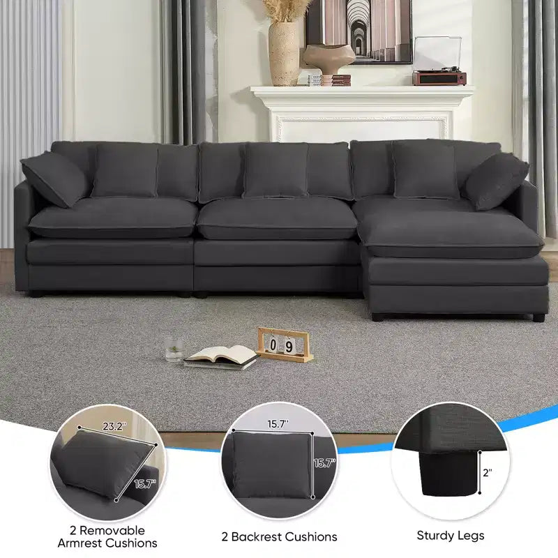 Canapé d'angle modulable en forme de L de 113 po Mjkone, canapé nuage moderne en chenille 4 places avec pouf et coussin épaissi
