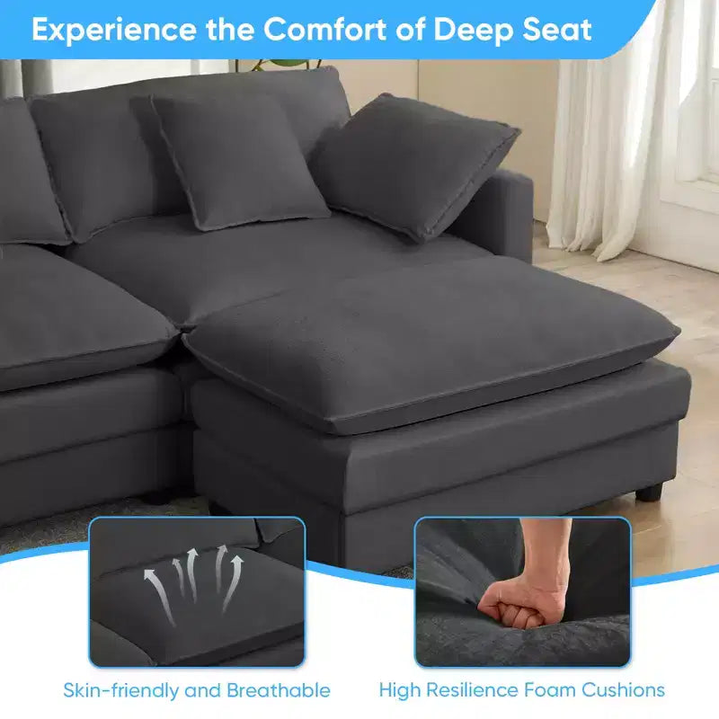 Canapé d'angle modulable en forme de L de 113 po Mjkone, canapé nuage moderne en chenille 4 places avec pouf et coussin épaissi