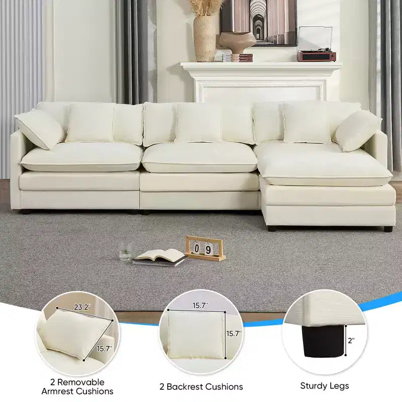 Canapé d'angle modulable en forme de L de 113 po Mjkone, canapé nuage moderne en chenille 4 places avec pouf et coussin épaissi