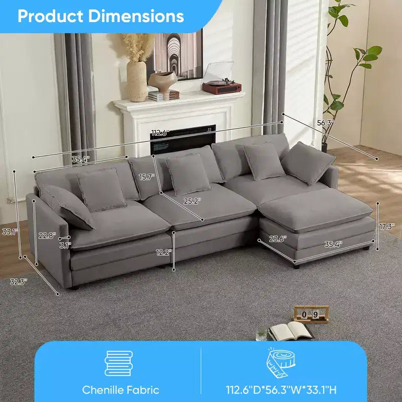 Canapé d'angle modulable en forme de L de 113 po Mjkone, canapé nuage moderne en chenille 4 places avec pouf et coussin épaissi