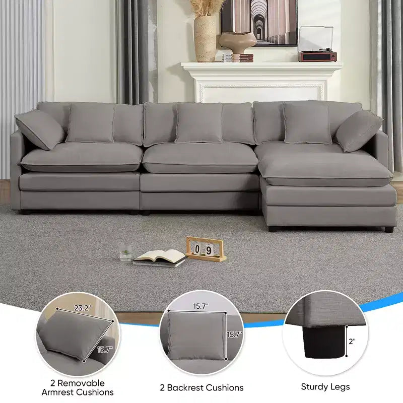 Canapé d'angle modulable en forme de L de 113 po Mjkone, canapé nuage moderne en chenille 4 places avec pouf et coussin épaissi