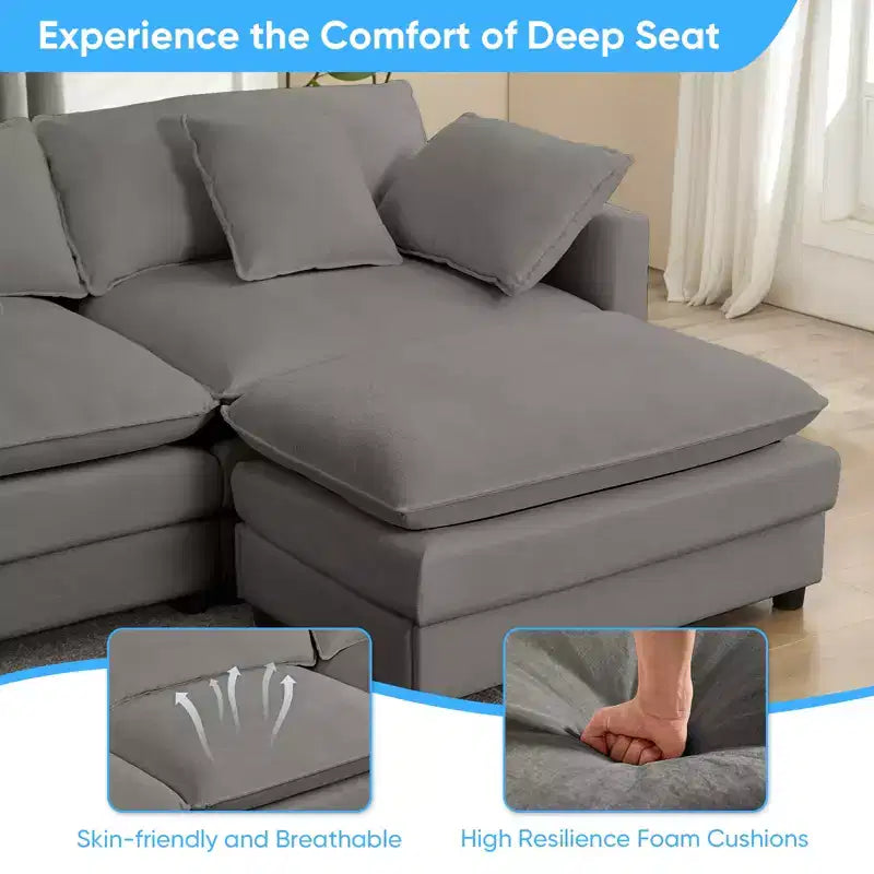 Canapé d'angle modulable en forme de L de 113 po Mjkone, canapé nuage moderne en chenille 4 places avec pouf et coussin épaissi
