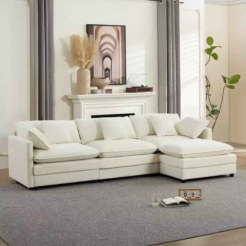 Mjkone 113'' L-Shaped Modular Sectional Sofa,Modern Chenille 4-Seat Cloud Couch with Ottoman and Thickened Cushion