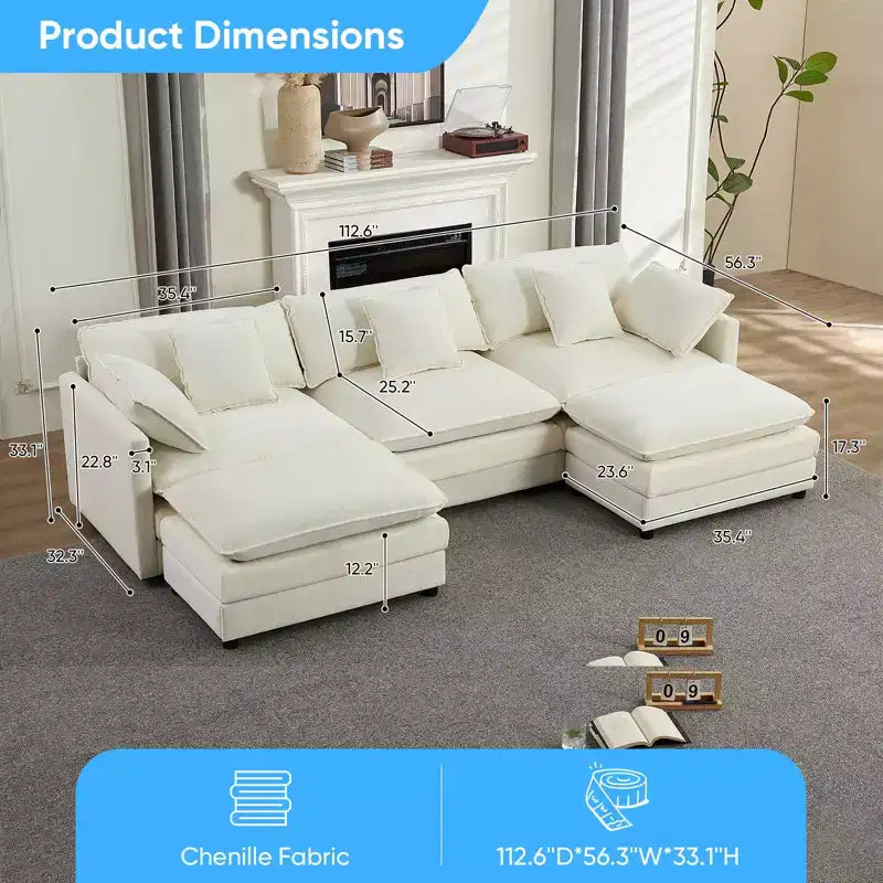 Canapé modulable en U Mjkone 113'', canapé nuage à 5 places avec 2 poufs, canapé-lit moderne en chenille avec assise profonde