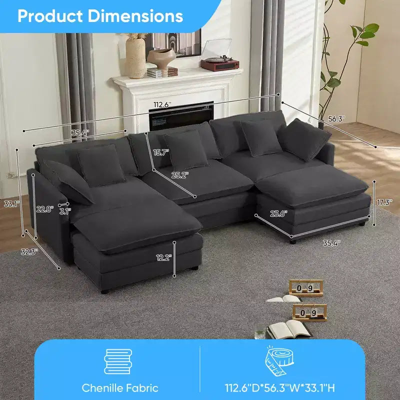 Canapé modulable en U Mjkone 113'', canapé nuage à 5 places avec 2 poufs, canapé-lit moderne en chenille avec assise profonde