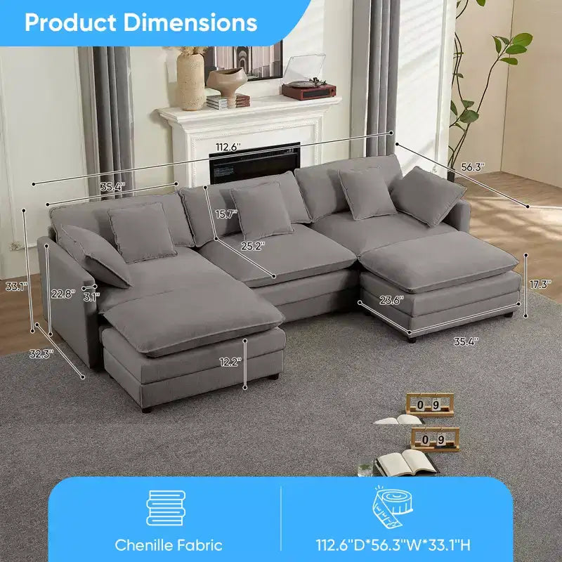 Canapé modulable en U Mjkone 113'', canapé nuage à 5 places avec 2 poufs, canapé-lit moderne en chenille avec assise profonde