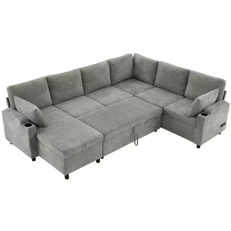 Canapé sectionnel polyvalent en U Merax avec lit gigogne, compartiments de rangement, prises de courant intégrées et porte-gobelets