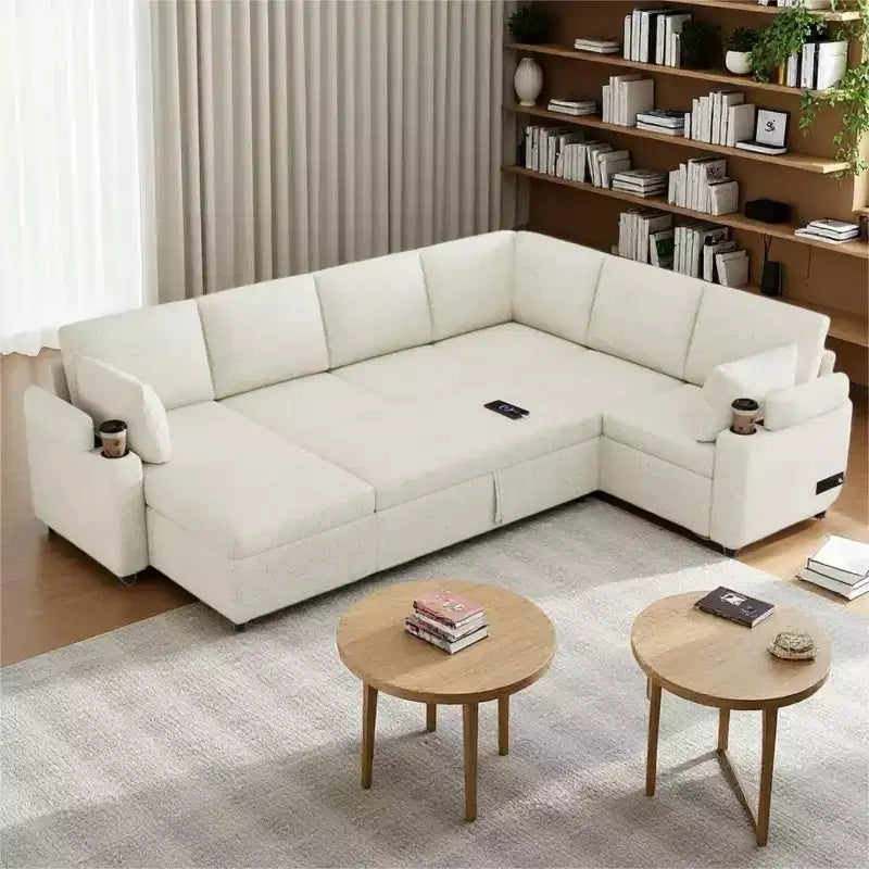 Merax Versatile U-Shaped Sectional Sofa with Pull-Out Bed, Storage Compartments, Built-in Power Sockets & Cup Holders