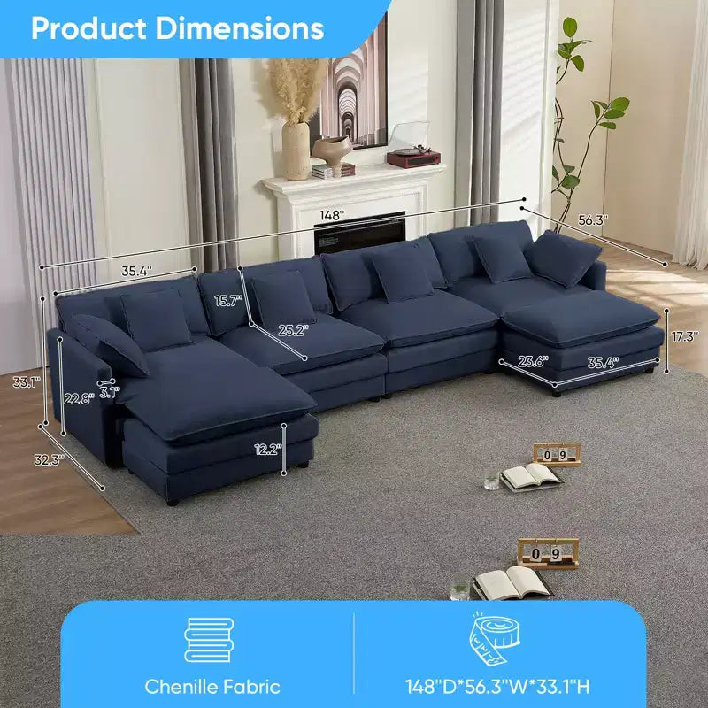 Mjkone Grand canapé modulaire 148'', canapé en forme de U à 6 places en tissu chenille, assise profonde avec 2 poufs