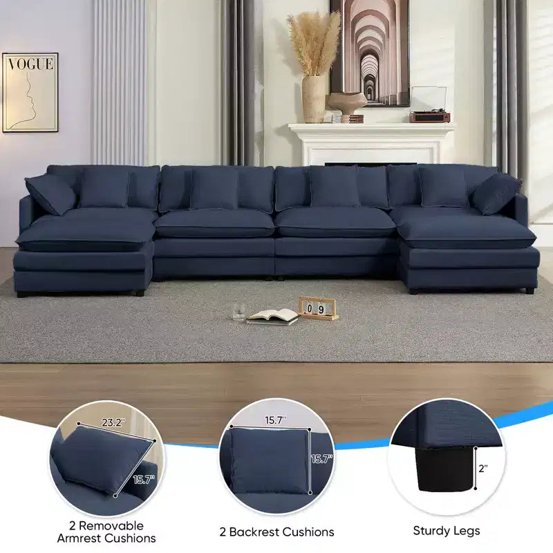 Mjkone Grand canapé modulaire 148'', canapé en forme de U à 6 places en tissu chenille, assise profonde avec 2 poufs