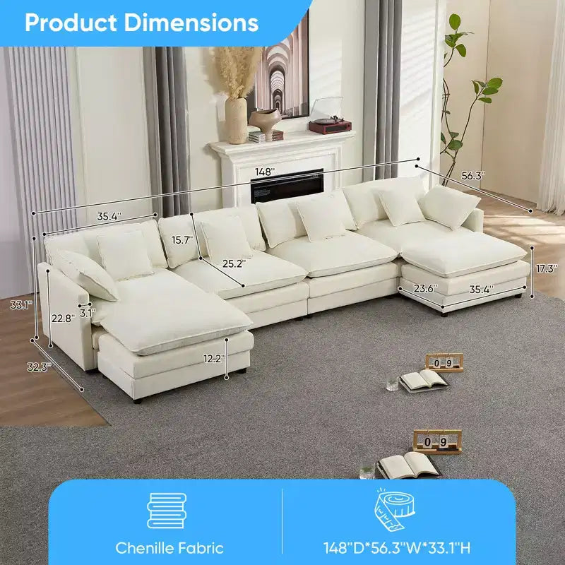 Mjkone Grand canapé modulaire 148'', canapé en forme de U à 6 places en tissu chenille, assise profonde avec 2 poufs