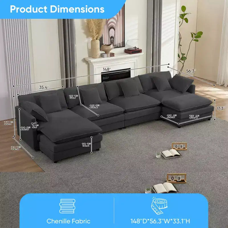 Mjkone Grand canapé modulaire 148'', canapé en forme de U à 6 places en tissu chenille, assise profonde avec 2 poufs