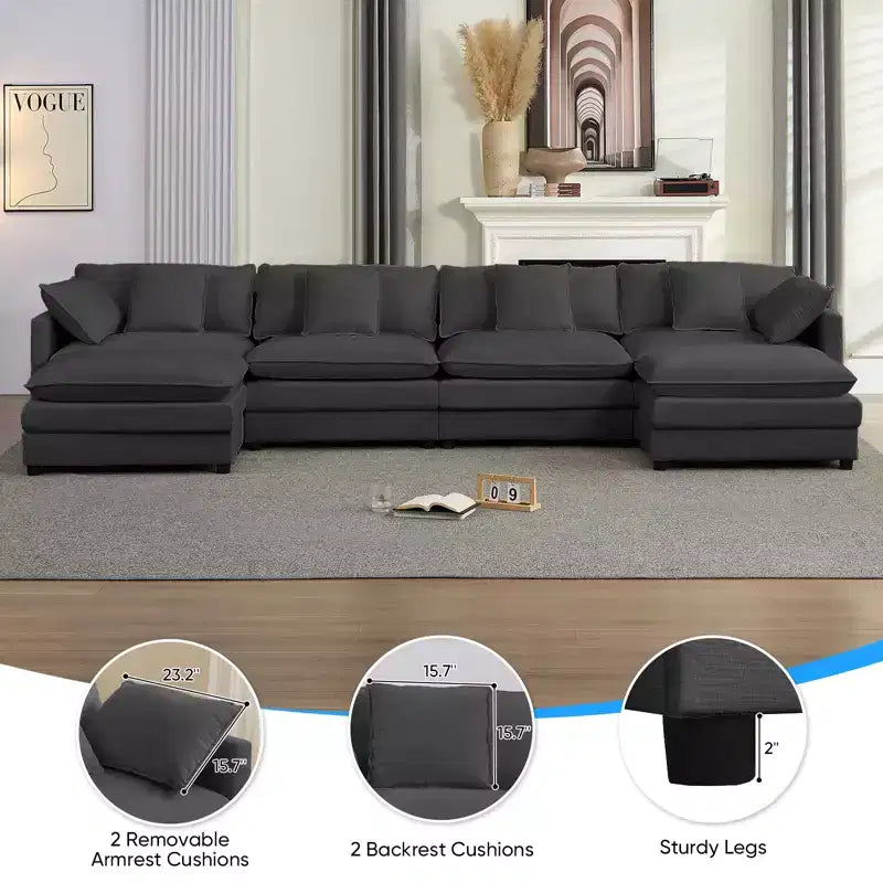 Mjkone Grand canapé modulaire 148'', canapé en forme de U à 6 places en tissu chenille, assise profonde avec 2 poufs