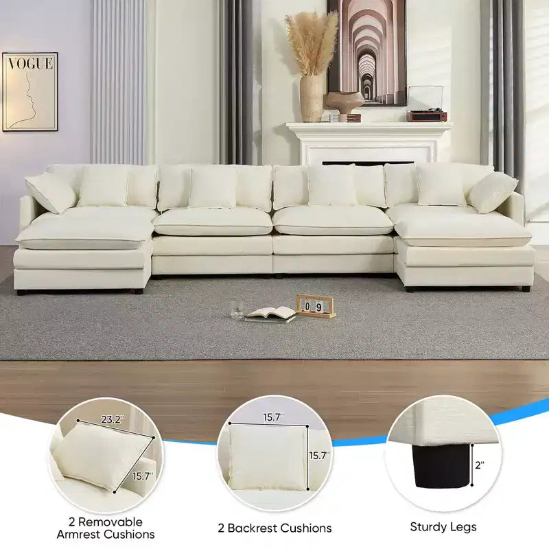 Mjkone Grand canapé modulaire 148'', canapé en forme de U à 6 places en tissu chenille, assise profonde avec 2 poufs