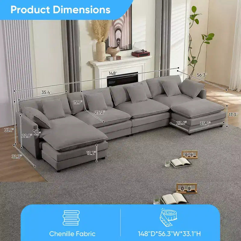 Mjkone Grand canapé modulaire 148'', canapé en forme de U à 6 places en tissu chenille, assise profonde avec 2 poufs