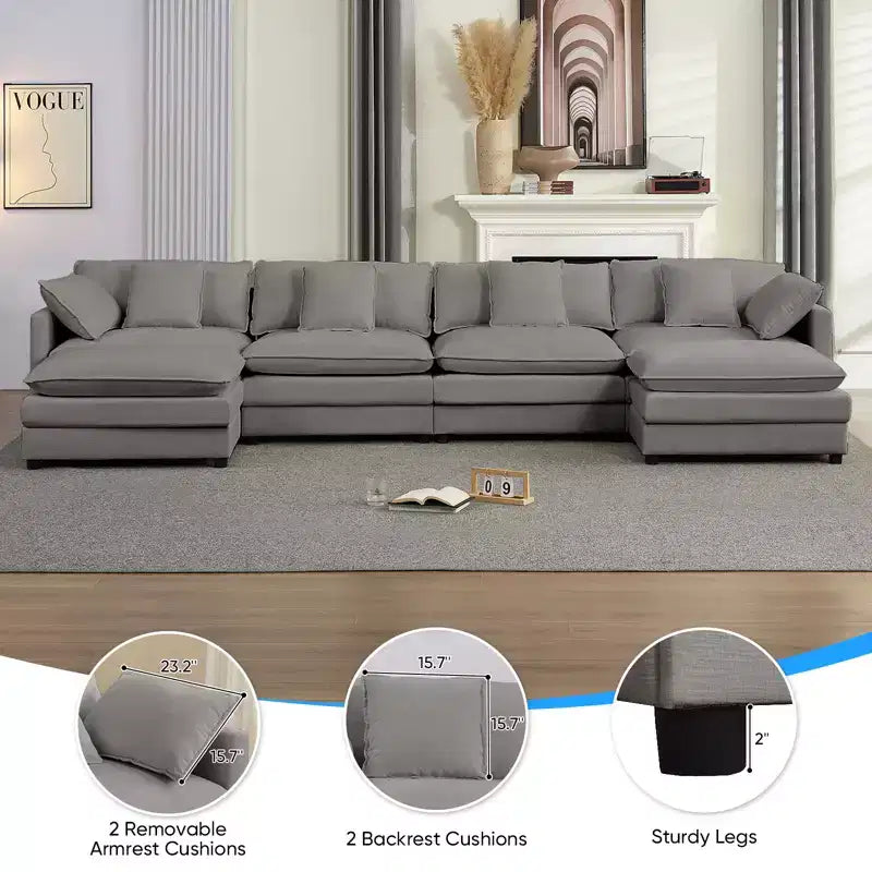 Mjkone Grand canapé modulaire 148'', canapé en forme de U à 6 places en tissu chenille, assise profonde avec 2 poufs