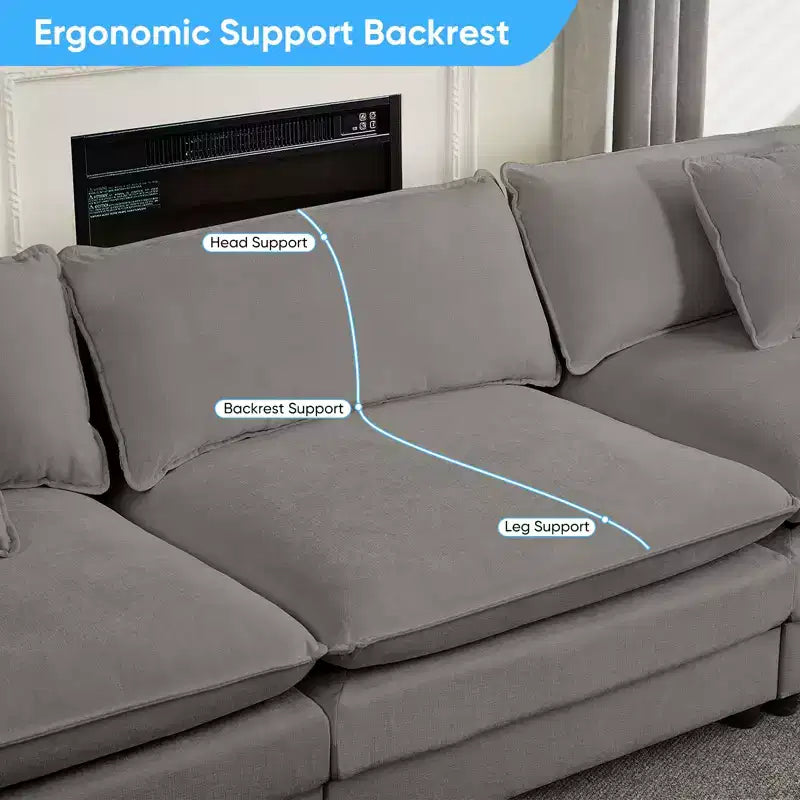 Mjkone Grand canapé modulaire 148'', canapé en forme de U à 6 places en tissu chenille, assise profonde avec 2 poufs