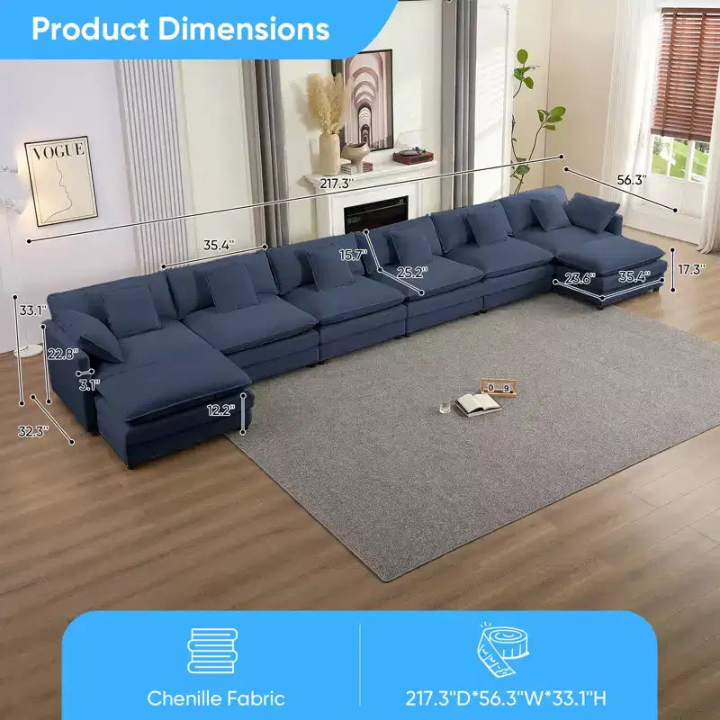Canapé d'angle modulable en U Mjkone 217'', canapé nuage 8 places avec pouf et coussins, canapé-lit profond