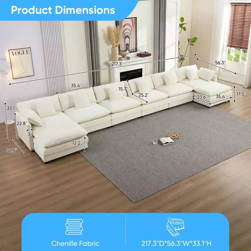 Canapé d'angle modulable en U Mjkone 217'', canapé nuage 8 places avec pouf et coussins, canapé-lit profond