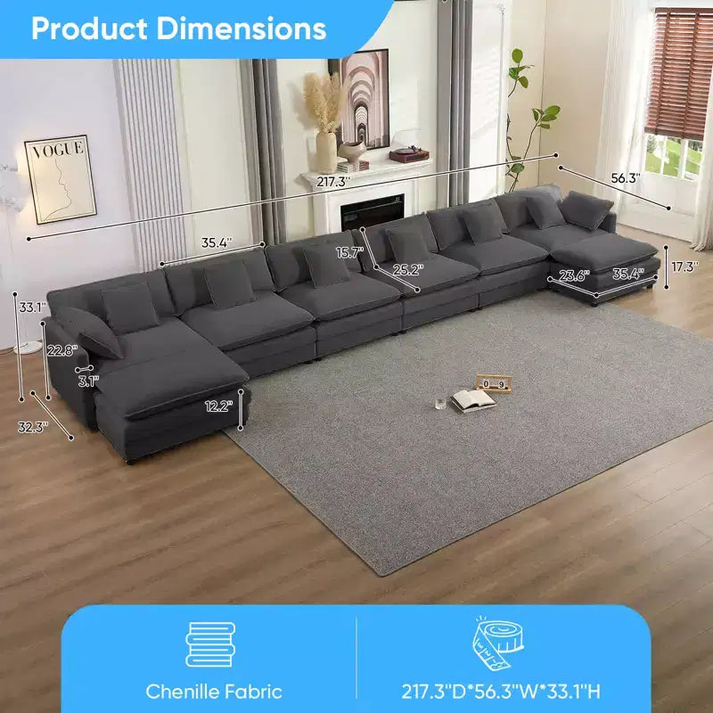 Canapé d'angle modulable en U Mjkone 217'', canapé nuage 8 places avec pouf et coussins, canapé-lit profond
