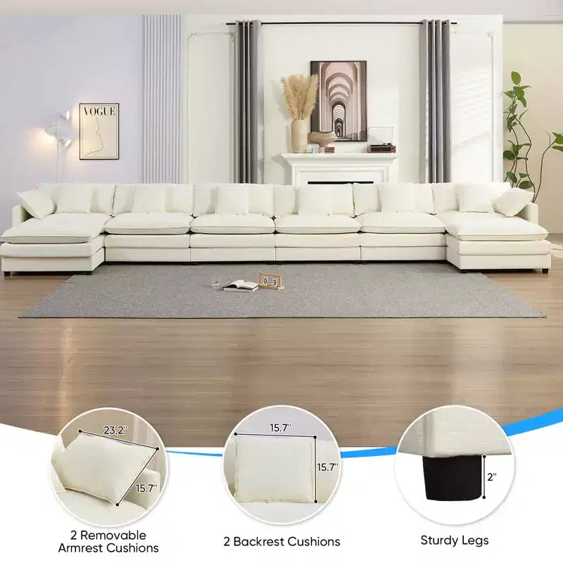Canapé d'angle modulable en U Mjkone 217'', canapé nuage 8 places avec pouf et coussins, canapé-lit profond