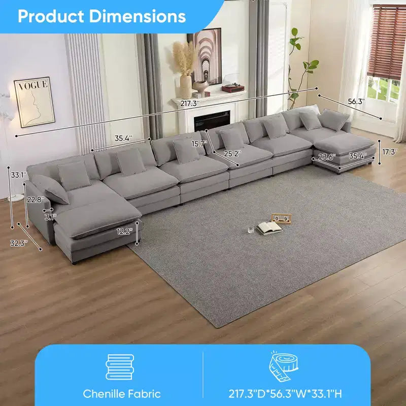 Canapé d'angle modulable en U Mjkone 217'', canapé nuage 8 places avec pouf et coussins, canapé-lit profond