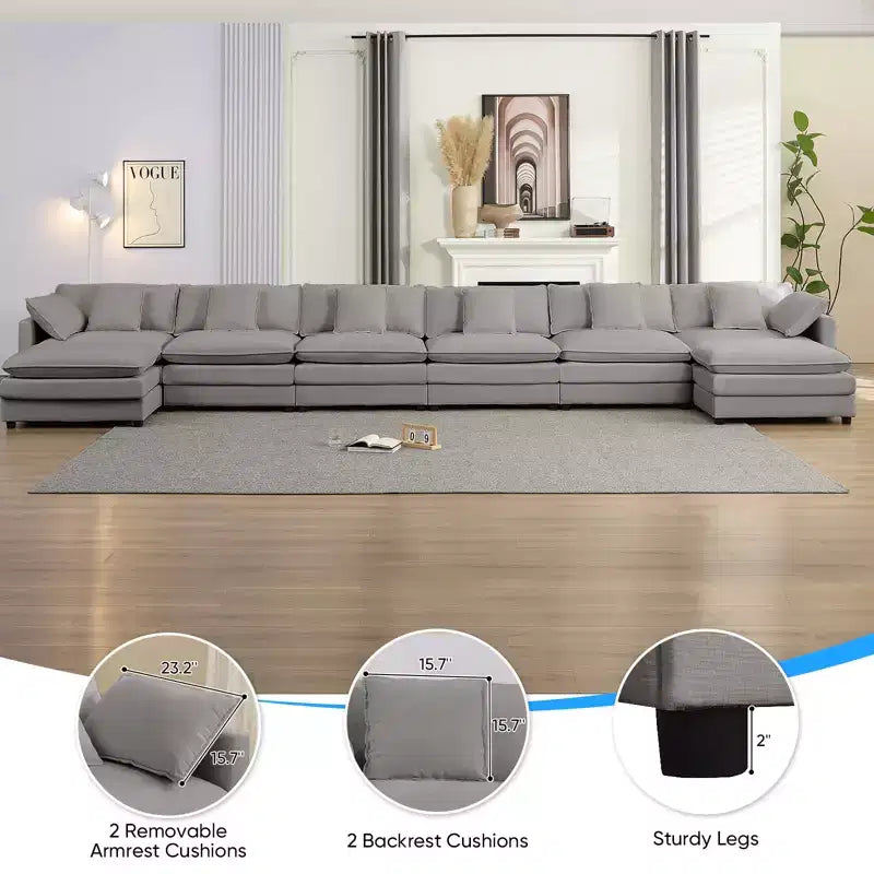 Canapé d'angle modulable en U Mjkone 217'', canapé nuage 8 places avec pouf et coussins, canapé-lit profond