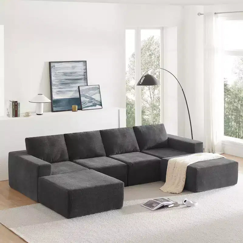 Canapé modulable de luxe en U 6 places 110x72 avec poufs, revêtement en chenille, aucun assemblage requis