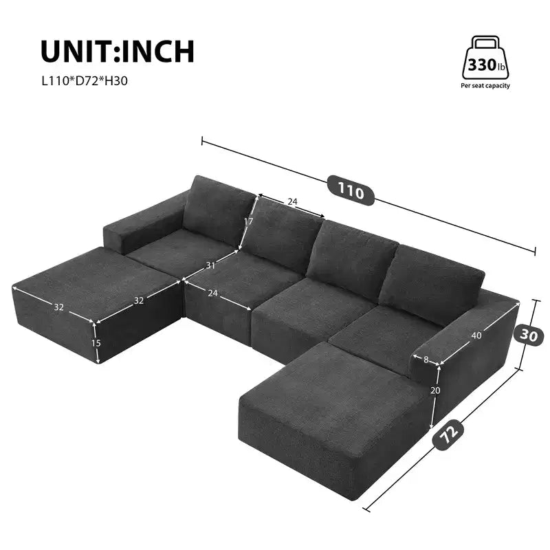 Canapé modulable de luxe en U 6 places 110x72 avec poufs, revêtement en chenille, aucun assemblage requis