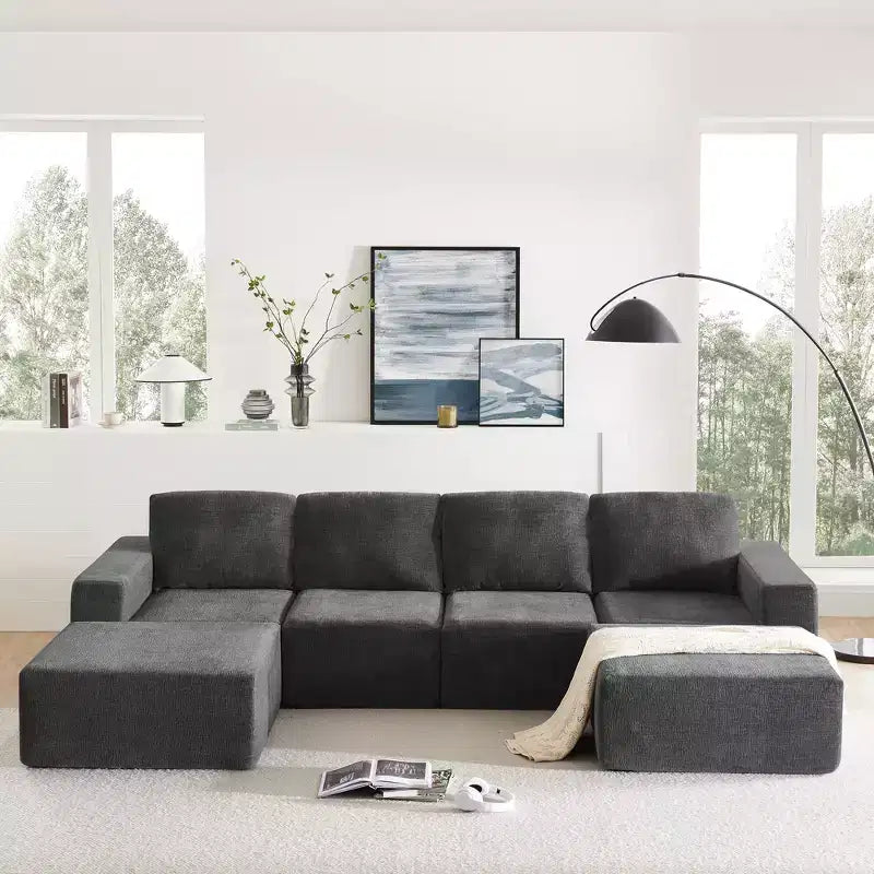 Canapé modulable de luxe en U 6 places 110x72 avec poufs, revêtement en chenille, aucun assemblage requis