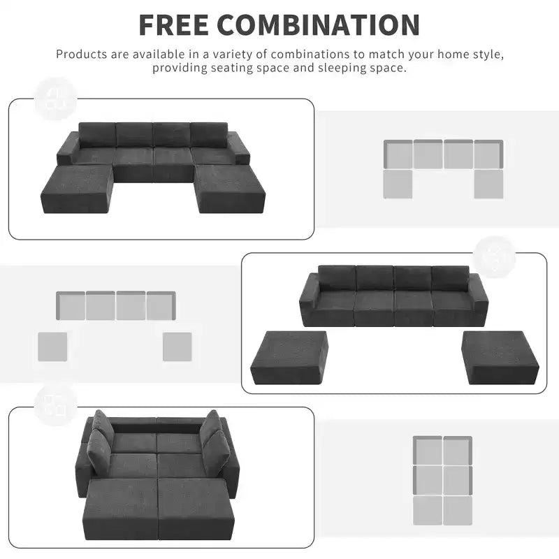 Canapé modulable de luxe en U 6 places 110x72 avec poufs, revêtement en chenille, aucun assemblage requis