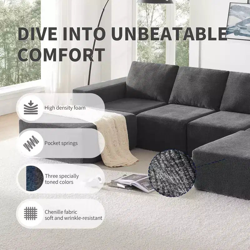 Canapé modulable de luxe en U 6 places 110x72 avec poufs, revêtement en chenille, aucun assemblage requis