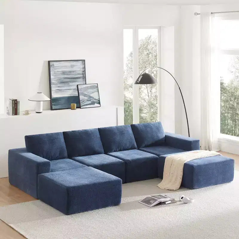 Canapé modulable de luxe en U 6 places 110x72 avec poufs, revêtement en chenille, aucun assemblage requis