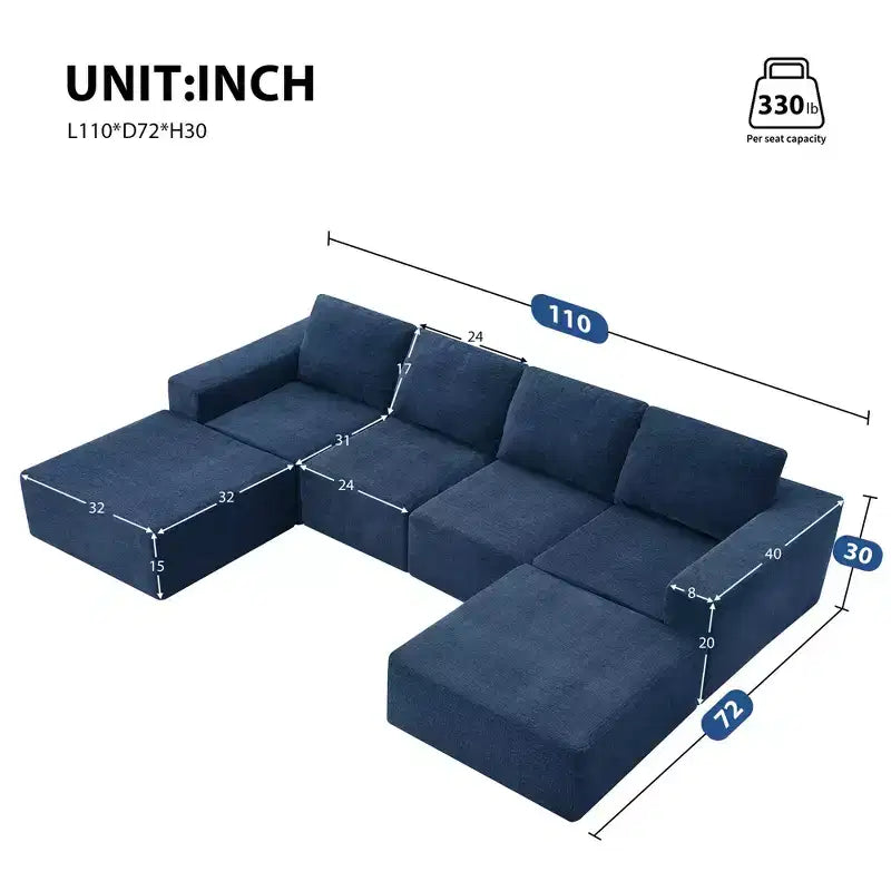 Canapé modulable de luxe en U 6 places 110x72 avec poufs, revêtement en chenille, aucun assemblage requis