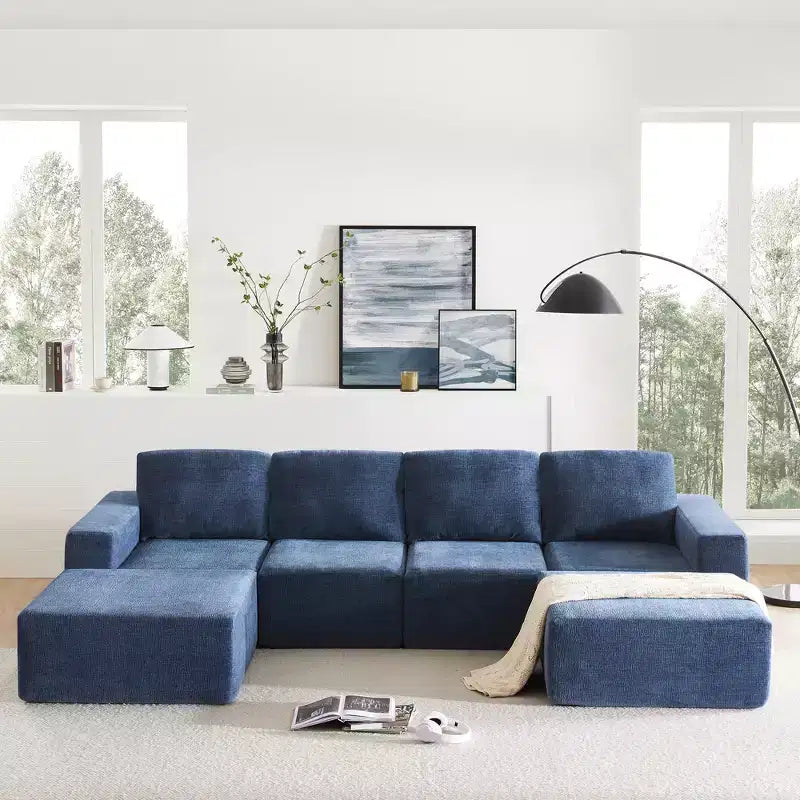 Canapé modulable de luxe en U 6 places 110x72 avec poufs, revêtement en chenille, aucun assemblage requis