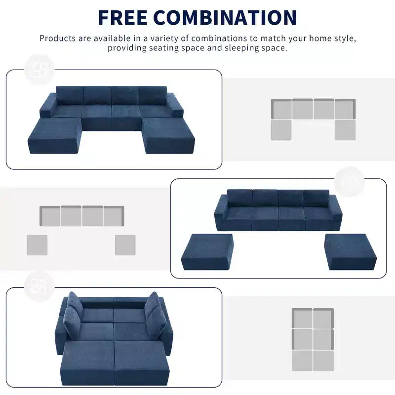 Canapé modulable de luxe en U 6 places 110x72 avec poufs, revêtement en chenille, aucun assemblage requis