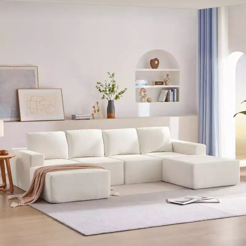 Canapé modulable de luxe en U 6 places 110x72 avec poufs, revêtement en chenille, aucun assemblage requis