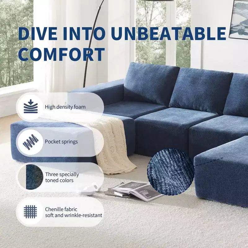 Canapé modulable de luxe en U 6 places 110x72 avec poufs, revêtement en chenille, aucun assemblage requis